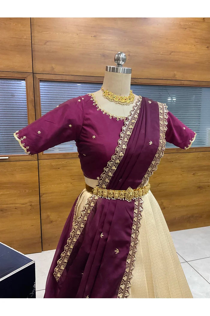 Beautiful South Indian Style Half Saree with Beads Work Blouse and Dupatta for Women | Sanskruti