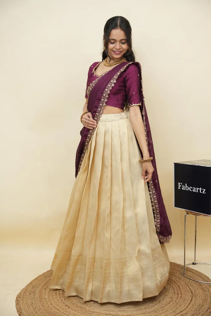Beautiful South Indian Style Half Saree with Beads Work Blouse and Dupatta for Women | Sanskruti Kv