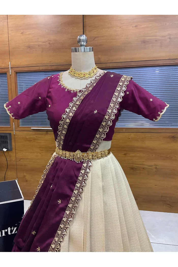 Beautiful South Indian Style Half Saree with Beads Work Blouse and Dupatta for Women | Sanskruti