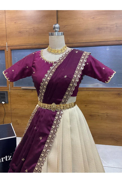 Beautiful South Indian Style Half Saree with Beads Work Blouse and Dupatta for Women | Sanskruti