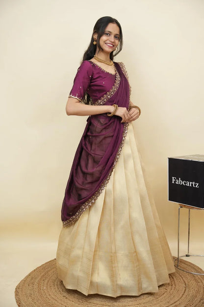 Beautiful South Indian Style Half Saree with Beads Work Blouse and Dupatta for Women | Sanskruti Kv