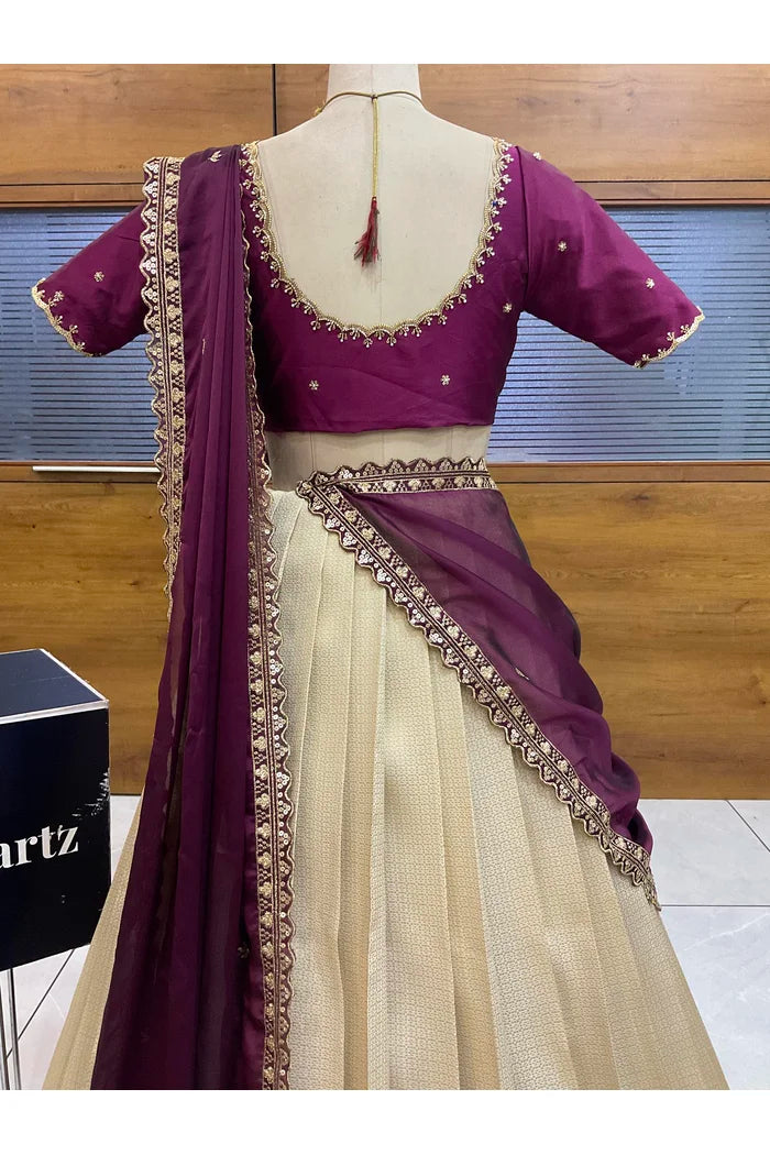 Beautiful South Indian Style Half Saree with Beads Work Blouse and Dupatta for Women | Sanskruti