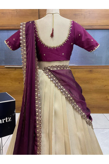 Beautiful South Indian Style Half Saree with Beads Work Blouse and Dupatta for Women | Sanskruti