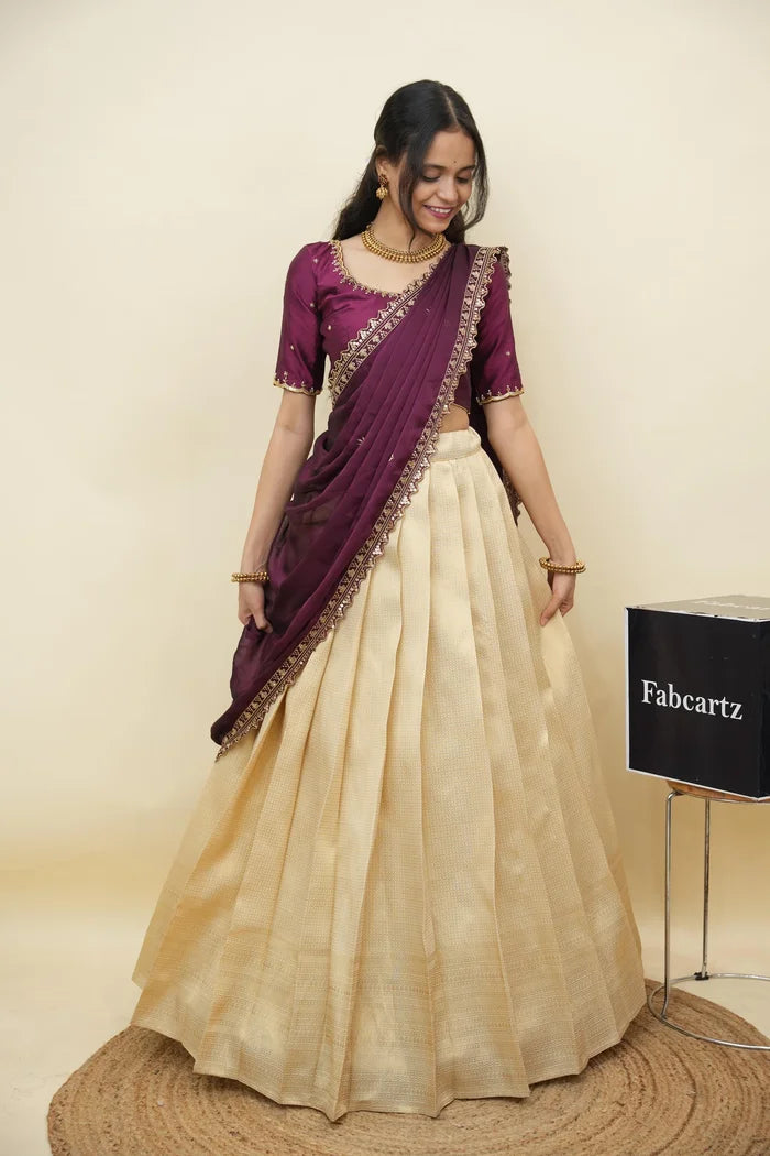 Beautiful South Indian Style Half Saree with Beads Work Blouse and Dupatta for Women | Sanskruti Kv