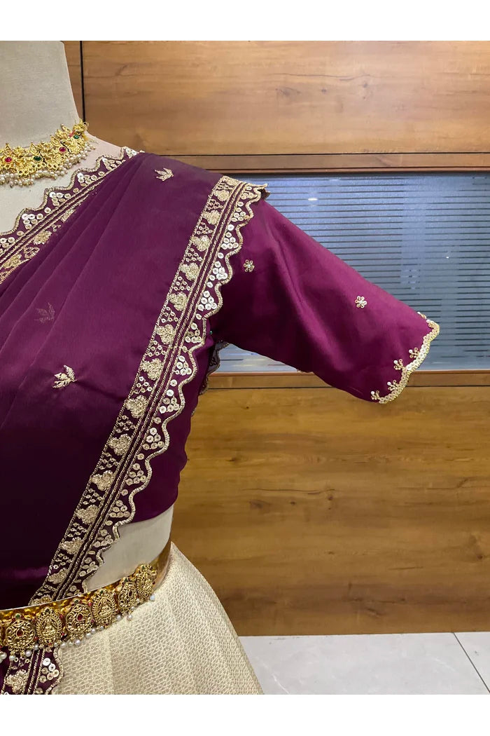Beautiful South Indian Style Half Saree with Beads Work Blouse and Dupatta for Women | Sanskruti