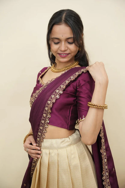 Beautiful South Indian Style Half Saree with Beads Work Blouse and Dupatta for Women | Sanskruti Kv