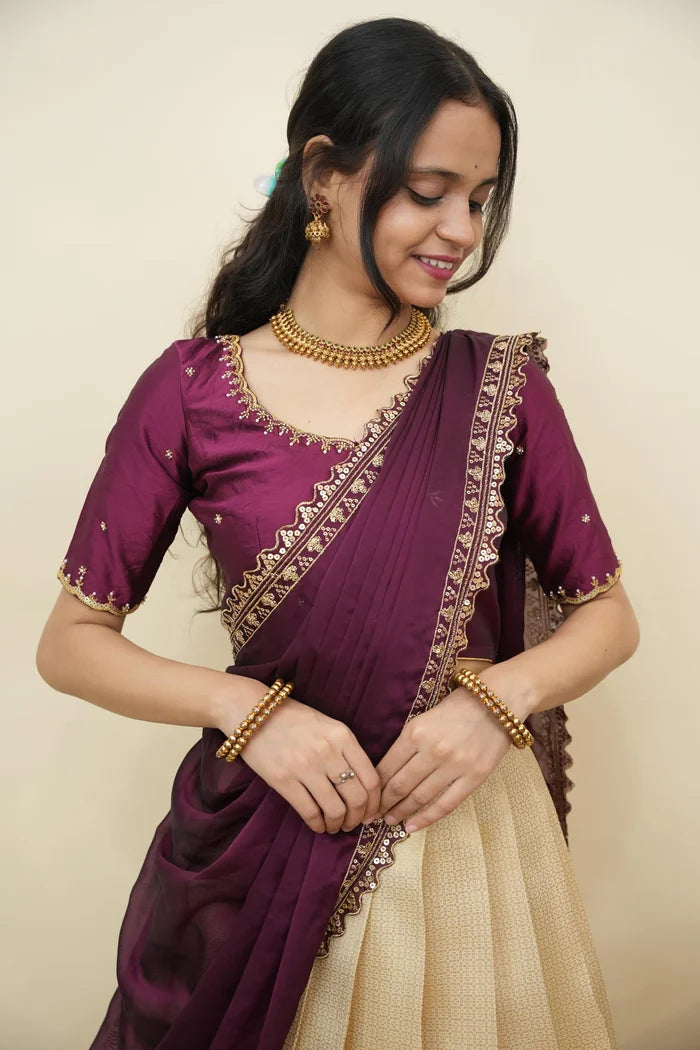Beautiful South Indian Style Half Saree with Beads Work Blouse and Dupatta for Women | Sanskruti Kv