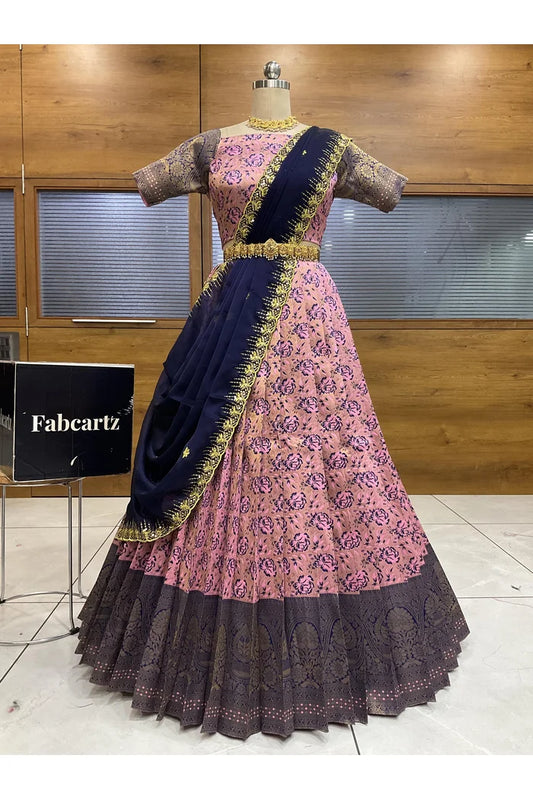 Beautiful South Indian Style Half Saree with Embroidery Blouse and Dupatta for Women | Atreyi