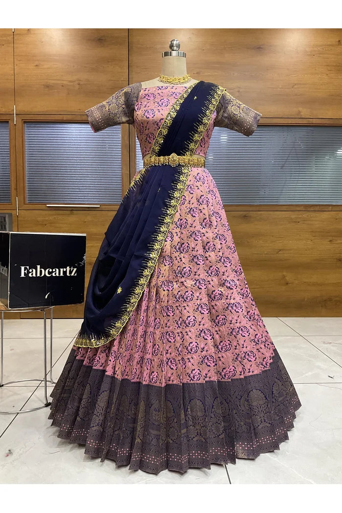 Beautiful South Indian Style Half Saree with Embroidery Blouse and Dupatta for Women | Atreyi