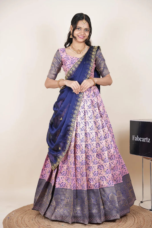 Beautiful South Indian Style Half Saree with Embroidery Blouse and Dupatta for Women | Atreyi Kv