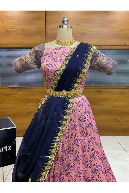 Beautiful South Indian Style Half Saree with Embroidery Blouse and Dupatta for Women | Atreyi