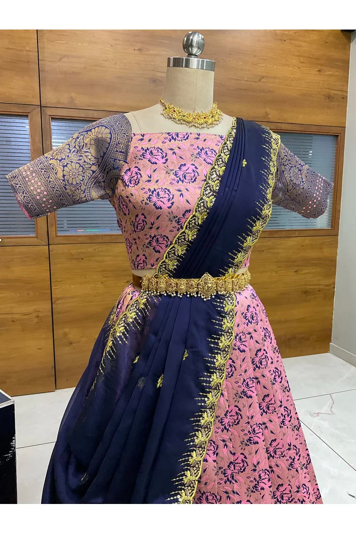 Beautiful South Indian Style Half Saree with Embroidery Blouse and Dupatta for Women | Atreyi