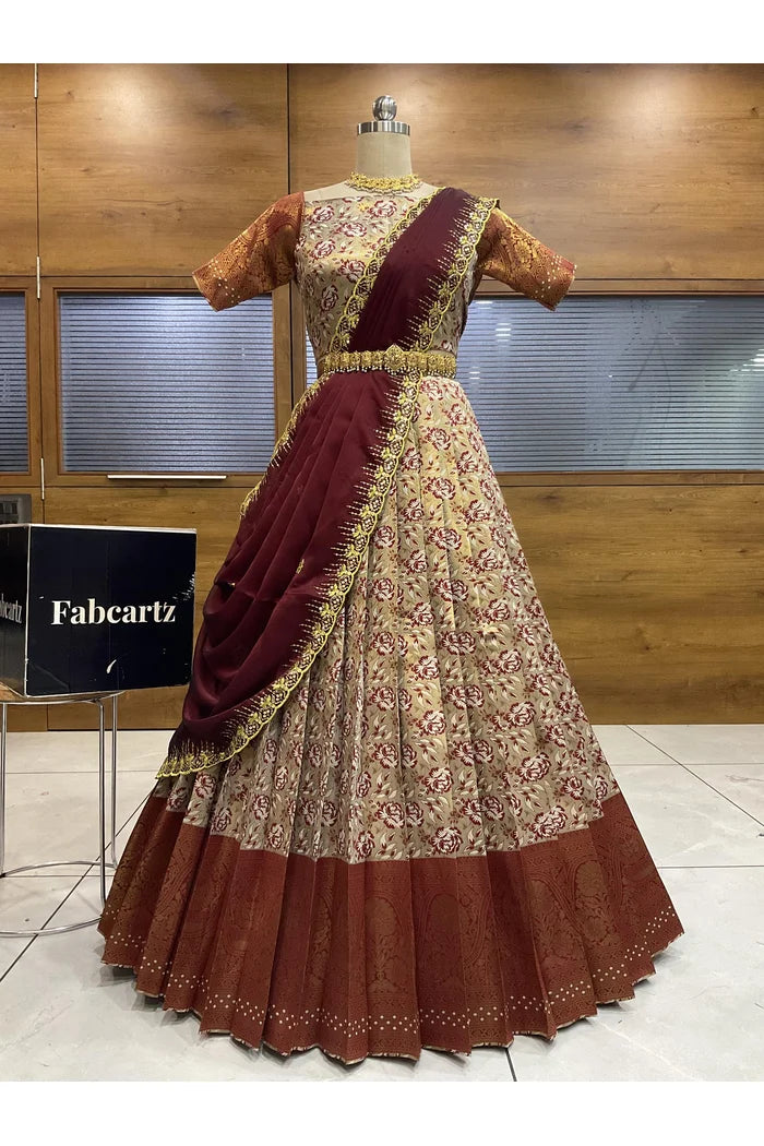 Beautiful South Indian Style Half Saree with Embroidery Blouse and Dupatta for Women | Atreyi