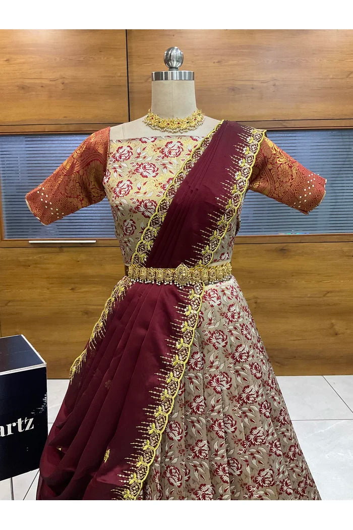 Beautiful South Indian Style Half Saree with Embroidery Blouse and Dupatta for Women | Atreyi