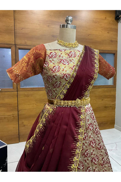 Beautiful South Indian Style Half Saree with Embroidery Blouse and Dupatta for Women | Atreyi