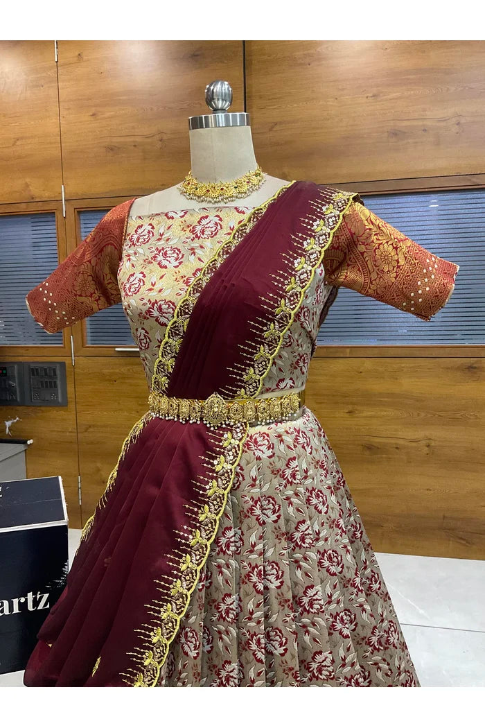 Beautiful South Indian Style Half Saree with Embroidery Blouse and Dupatta for Women | Atreyi
