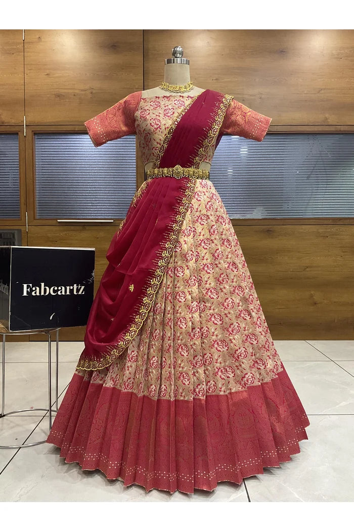 Beautiful South Indian Style Half Saree with Embroidery Blouse and Dupatta for Women | Atreyi