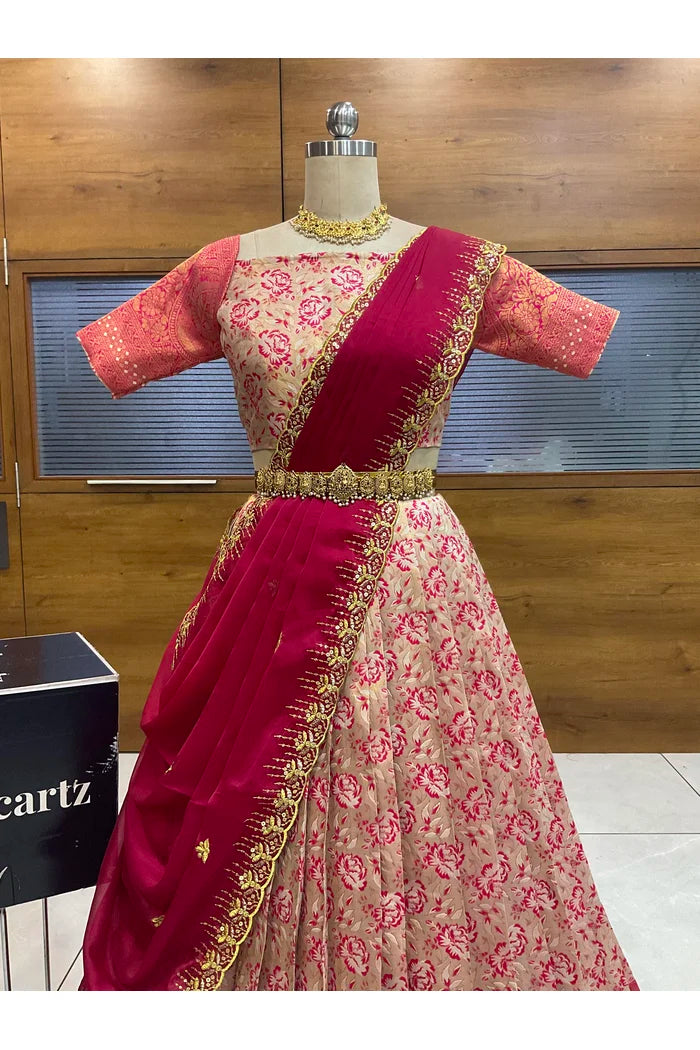 Beautiful South Indian Style Half Saree with Embroidery Blouse and Dupatta for Women | Atreyi