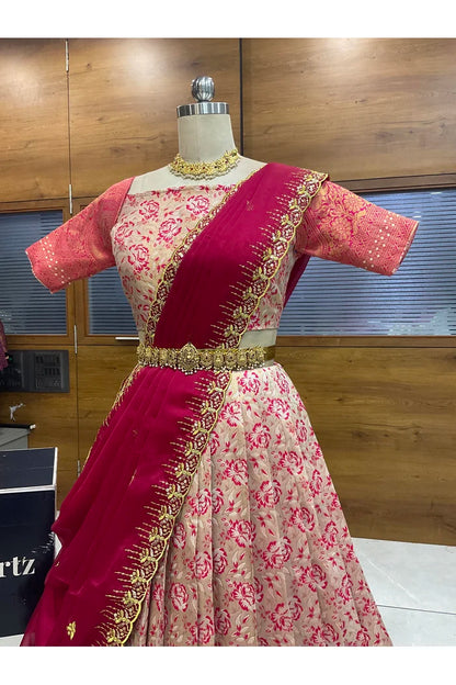 Beautiful South Indian Style Half Saree with Embroidery Blouse and Dupatta for Women | Atreyi