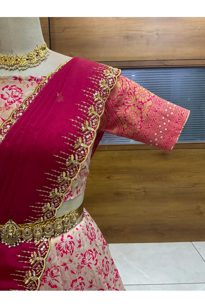 Beautiful South Indian Style Half Saree with Embroidery Blouse and Dupatta for Women | Atreyi