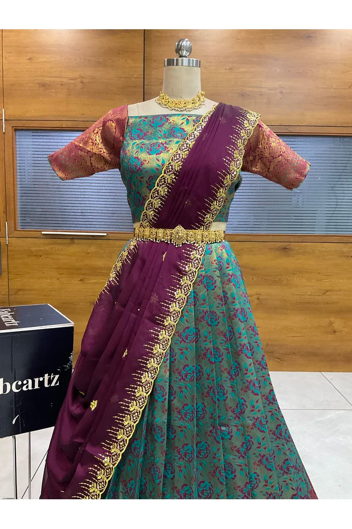 Beautiful South Indian Style Half Saree with Embroidery Blouse and Dupatta for Women | Atreyi