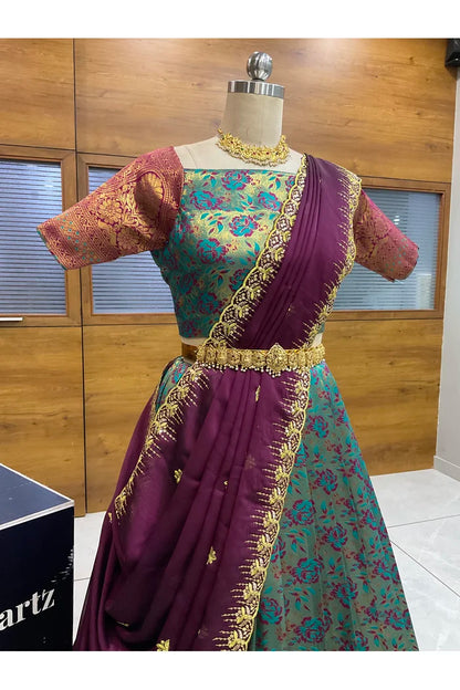 Beautiful South Indian Style Half Saree with Embroidery Blouse and Dupatta for Women | Atreyi