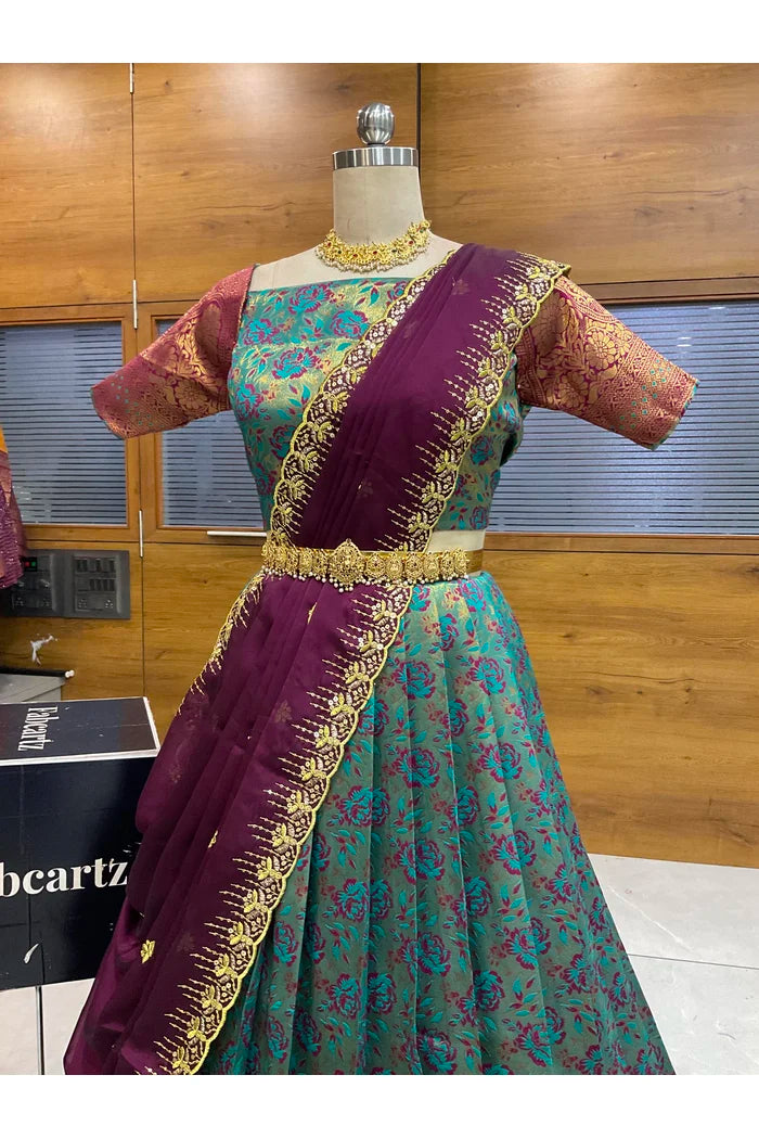 Beautiful South Indian Style Half Saree with Embroidery Blouse and Dupatta for Women | Atreyi