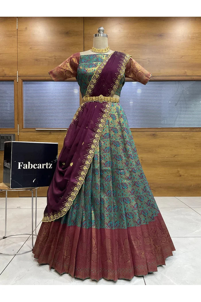 Beautiful South Indian Style Half Saree with Embroidery Blouse and Dupatta for Women | Atreyi