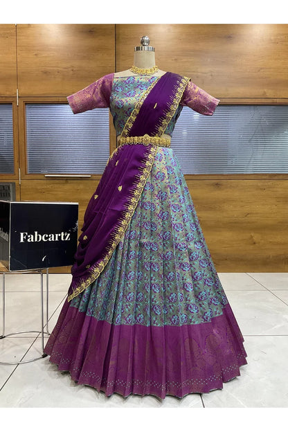 Beautiful South Indian Style Half Saree with Embroidery Blouse and Dupatta for Women | Atreyi