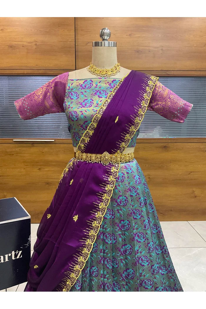 Beautiful South Indian Style Half Saree with Embroidery Blouse and Dupatta for Women | Atreyi