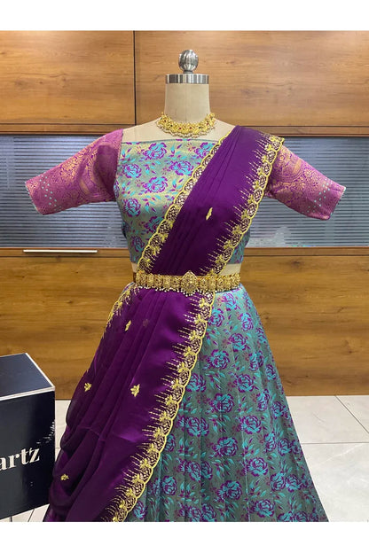 Beautiful South Indian Style Half Saree with Embroidery Blouse and Dupatta for Women | Atreyi