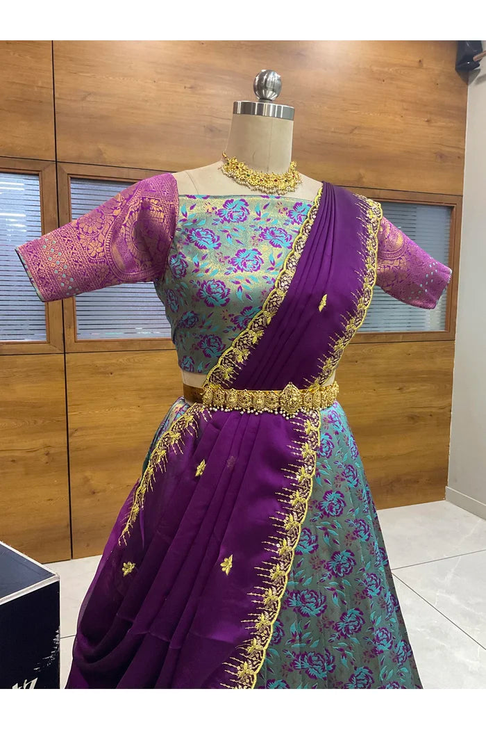 Beautiful South Indian Style Half Saree with Embroidery Blouse and Dupatta for Women | Atreyi