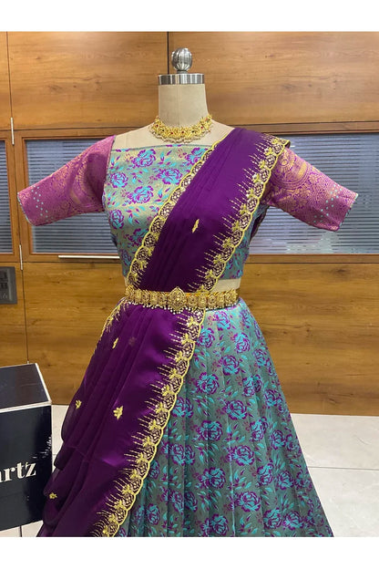 Beautiful South Indian Style Half Saree with Embroidery Blouse and Dupatta for Women | Atreyi