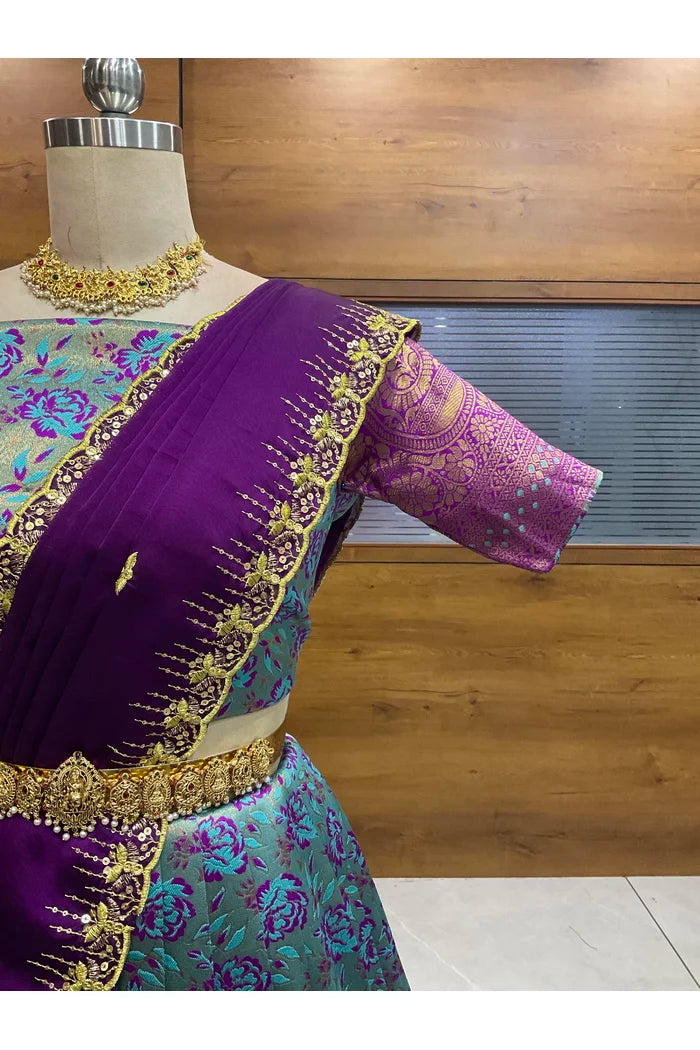 Beautiful South Indian Style Half Saree with Embroidery Blouse and Dupatta for Women | Atreyi