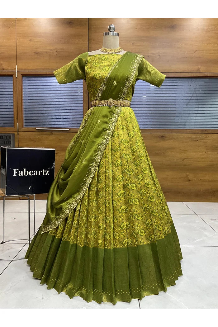 Beautiful South Indian Style Half Saree with Embroidery Blouse and Dupatta for Women | Atreyi