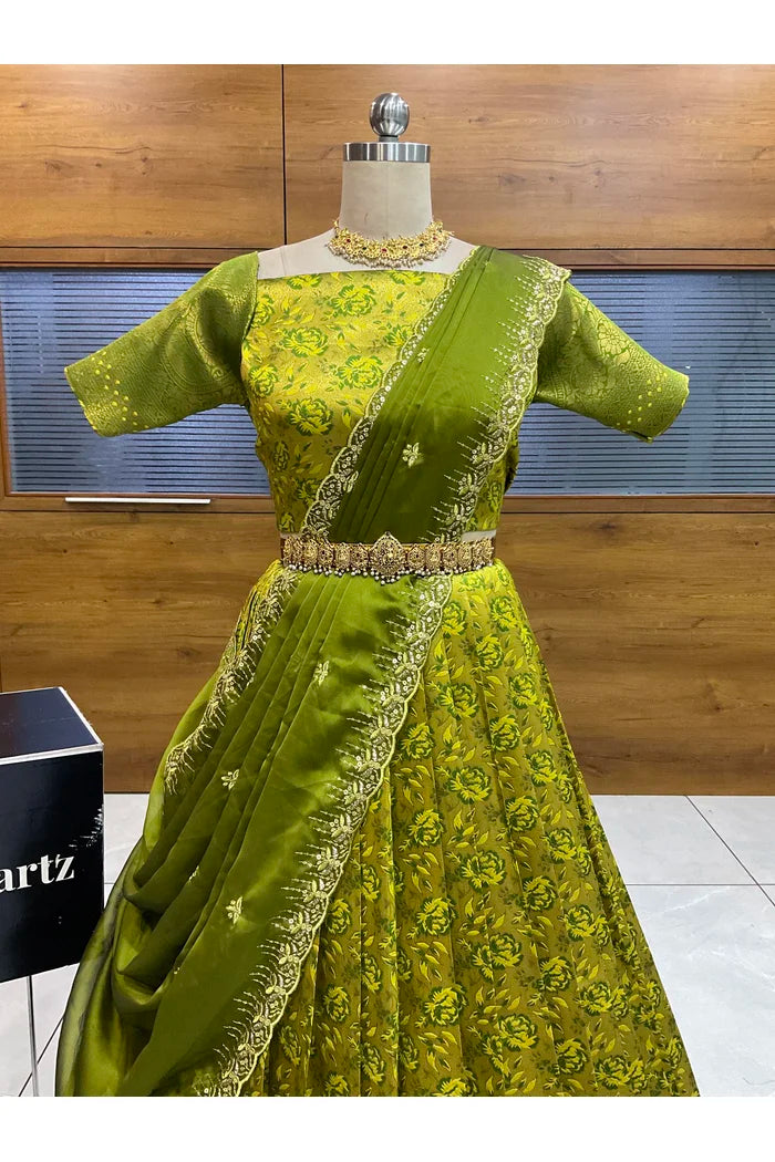 Beautiful South Indian Style Half Saree with Embroidery Blouse and Dupatta for Women | Atreyi
