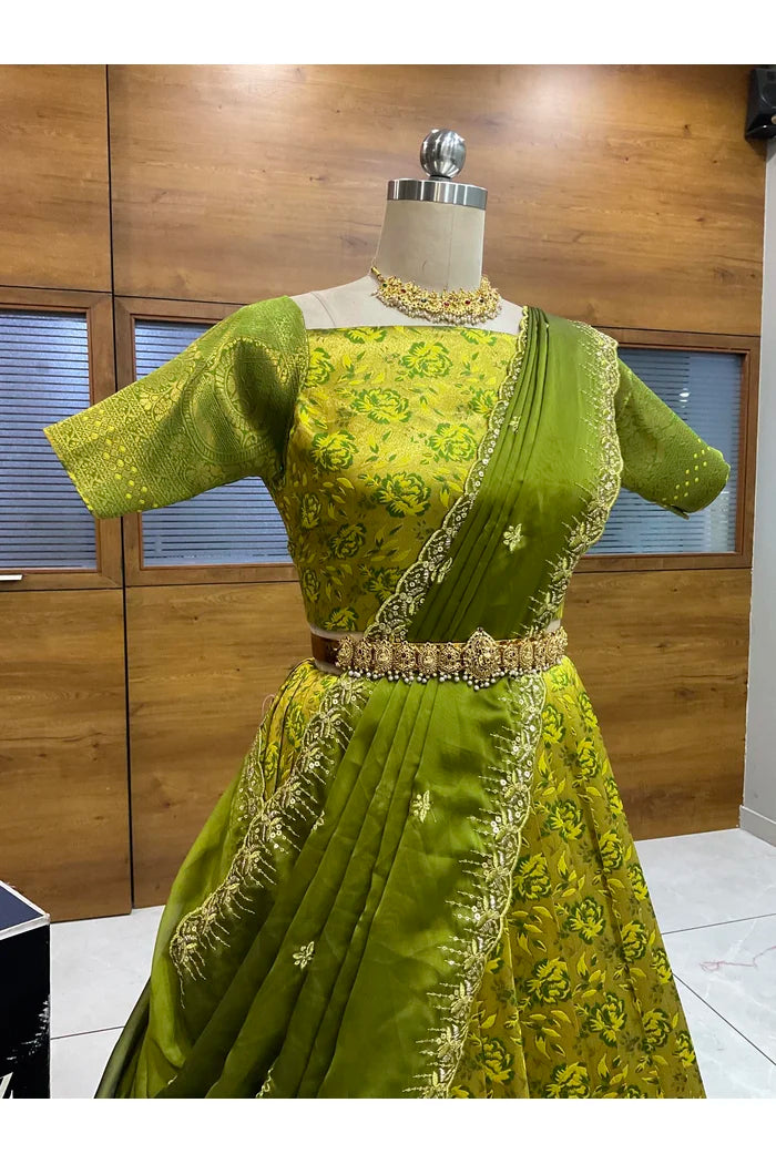 Beautiful South Indian Style Half Saree with Embroidery Blouse and Dupatta for Women | Atreyi