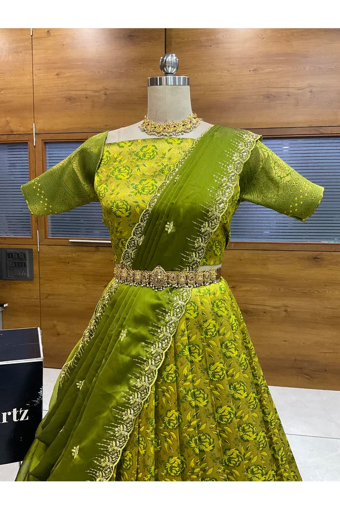 Beautiful South Indian Style Half Saree with Embroidery Blouse and Dupatta for Women | Atreyi