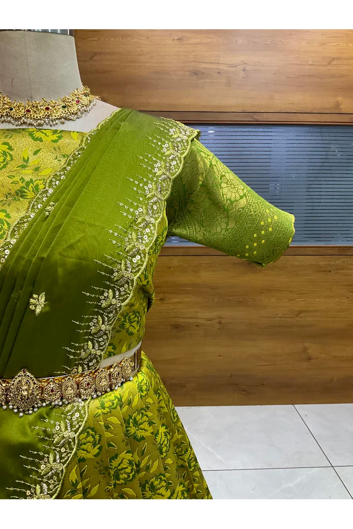 Beautiful South Indian Style Half Saree with Embroidery Blouse and Dupatta for Women | Atreyi