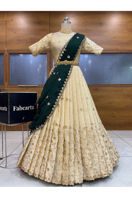 Beautiful South Indian Style Half Saree with Embroidery Blouse and Dupatta for Women | Zeel