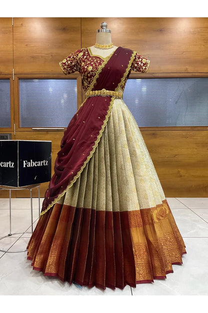 Beautiful South Indian Style Half Saree with Embroidery Blouse and Dupatta for Women | Ishita
