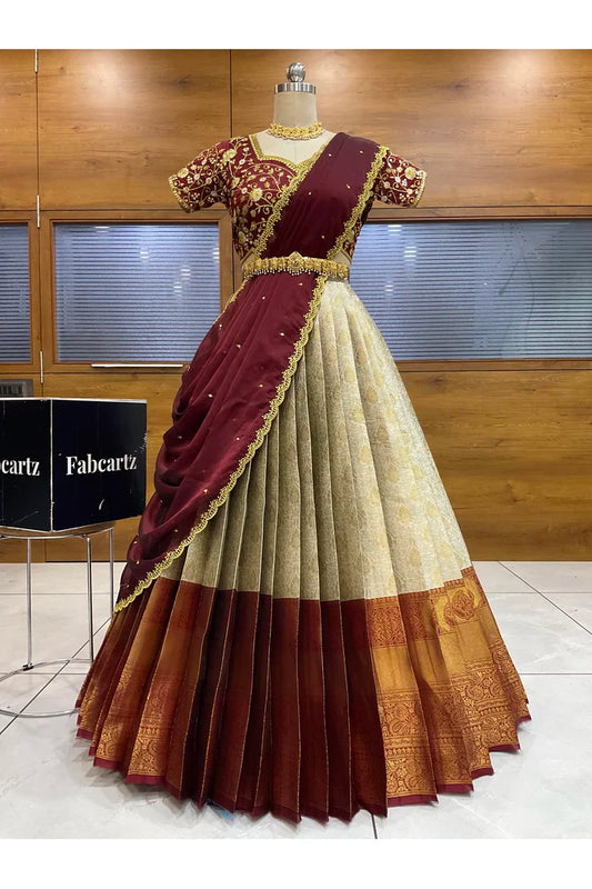 Beautiful South Indian Style Half Saree with Embroidery Blouse and Dupatta for Women | Ishita