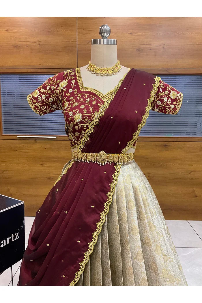 Beautiful South Indian Style Half Saree with Embroidery Blouse and Dupatta for Women | Ishita