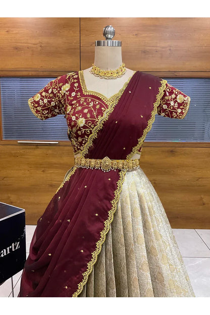 Beautiful South Indian Style Half Saree with Embroidery Blouse and Dupatta for Women | Ishita