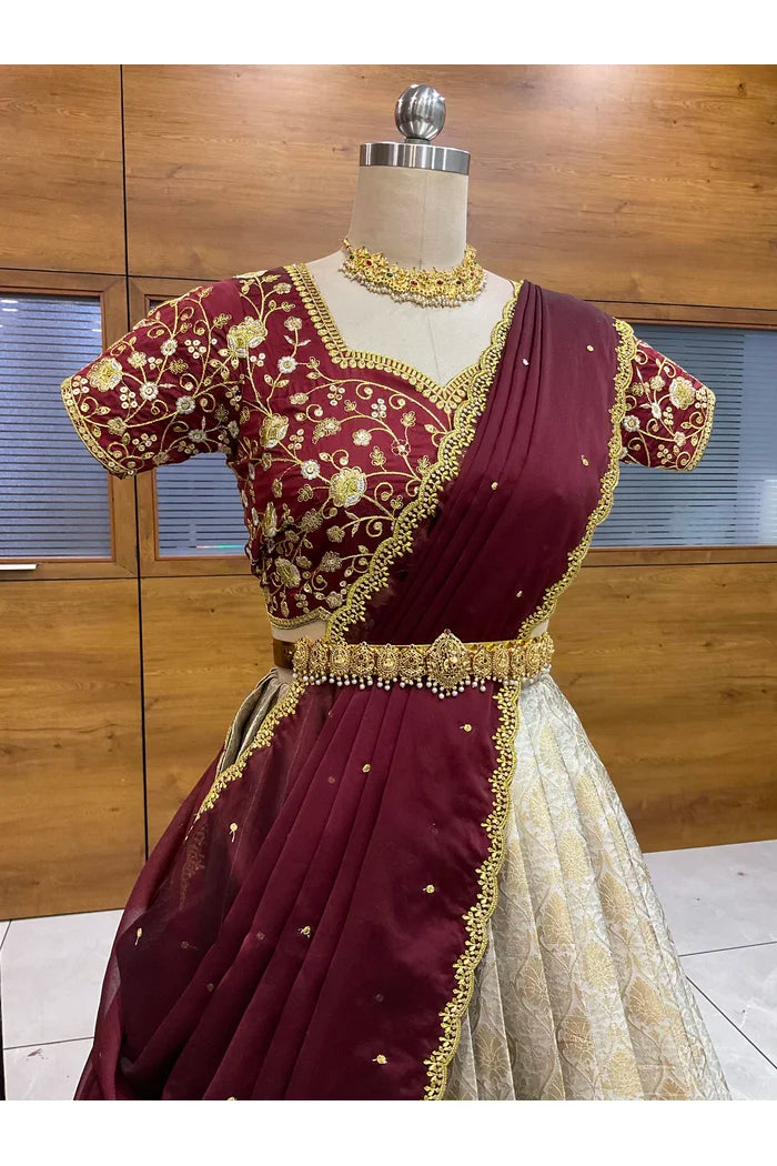 Beautiful South Indian Style Half Saree with Embroidery Blouse and Dupatta for Women | Ishita