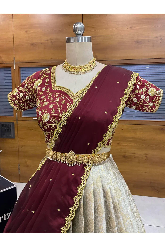 Beautiful South Indian Style Half Saree with Embroidery Blouse and Dupatta for Women | Ishita