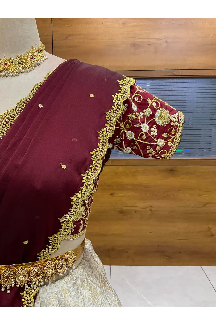 Beautiful South Indian Style Half Saree with Embroidery Blouse and Dupatta for Women | Ishita