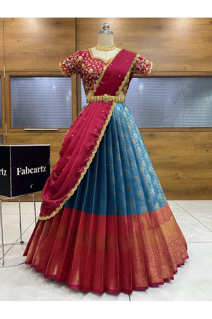 Beautiful South Indian Style Half Saree with Embroidery Blouse and Dupatta for Women | Ishita