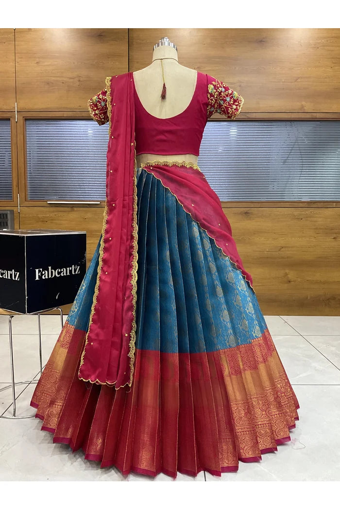 Beautiful South Indian Style Half Saree with Embroidery Blouse and Dupatta for Women | Ishita