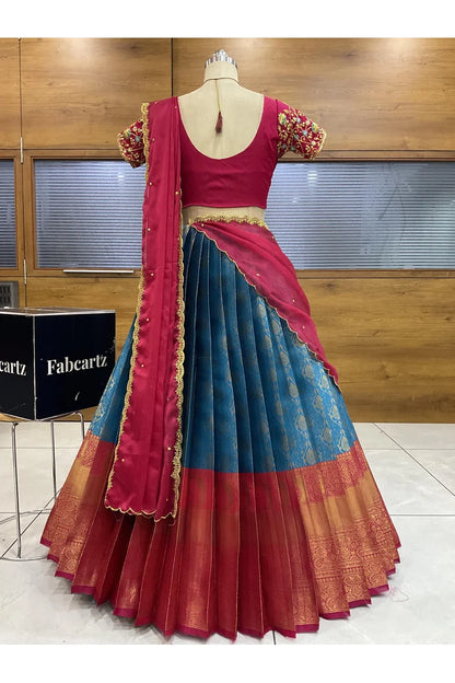 Beautiful South Indian Style Half Saree with Embroidery Blouse and Dupatta for Women | Ishita